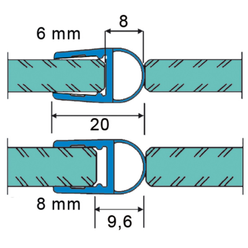 Joint d'étanchéité avec soufflet pour du verre de 6 - 8 mm