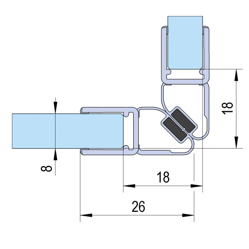Joint d'étanchéité avec 90° profilé magnétique pour verre de 8mm